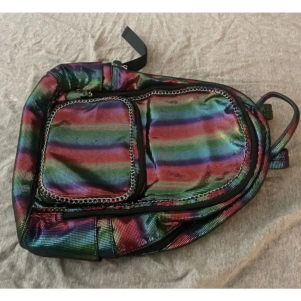 Bari Lynn Black Metallic Rainbow Chain Backpack